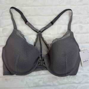 Auden Bra Womens 34D Gray Lightly Lined Demi Coverage Racerback Lace Adjustable